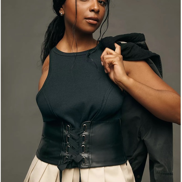 Pilcro Tops - Anthropologie Pilcro Black Faux-Leather Corset Lace-Up Sleeveless Top Size S New